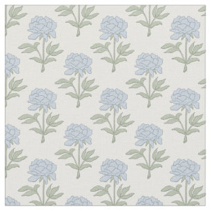 Tecido Bloco de Impressão Floral Peônia Branco Azul Verde