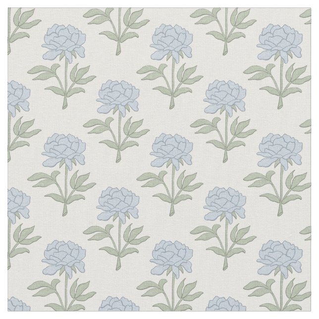 Tecido Bloco de Impressão Floral Peônia Branco Azul Verde (Detalhe)