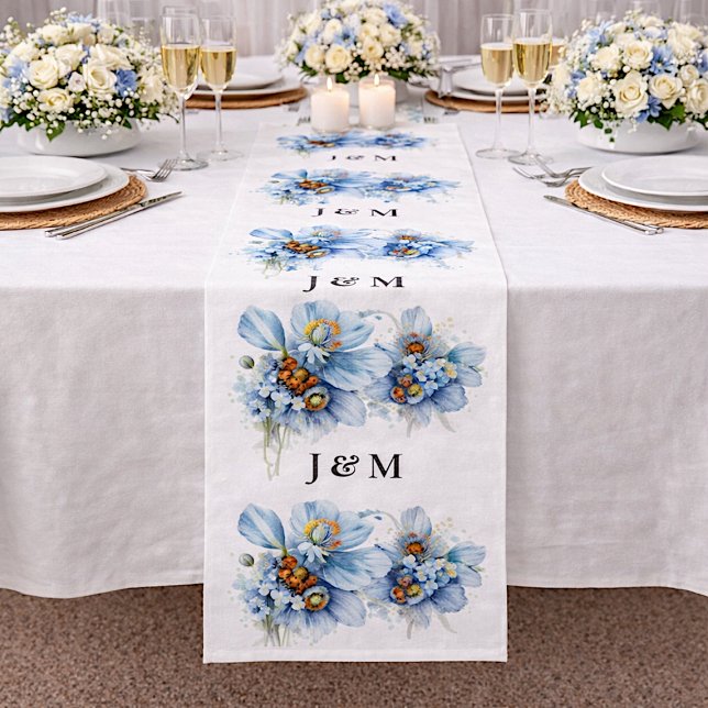 Tecido Blue Poppies Floral Wedding Fabric with Monogram (Criador carregado)
