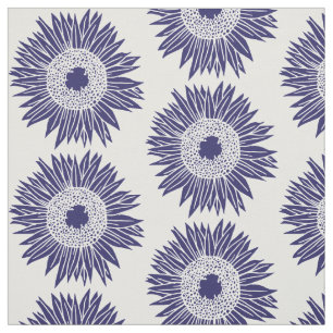 Tecido Boho Girassóis Padrão Marinho Azul e Branco Floral