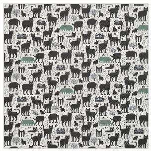 Tecido Boho moderno do padrão botânico do gato preto