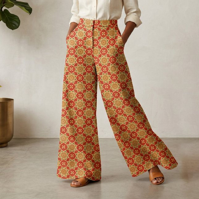 Tecido Boho Vermelho Laranja Amarelo Geométrico Floral Qu (Criador carregado)