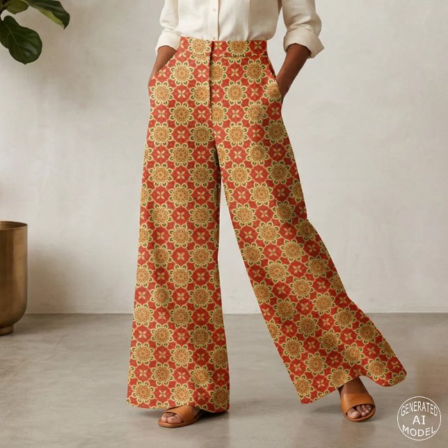 Tecido Boho Vermelho Laranja Amarelo Geométrico Floral Qu (Criador carregado)