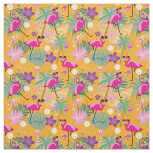 Tecido Bola Tropical com flamingos, amarela