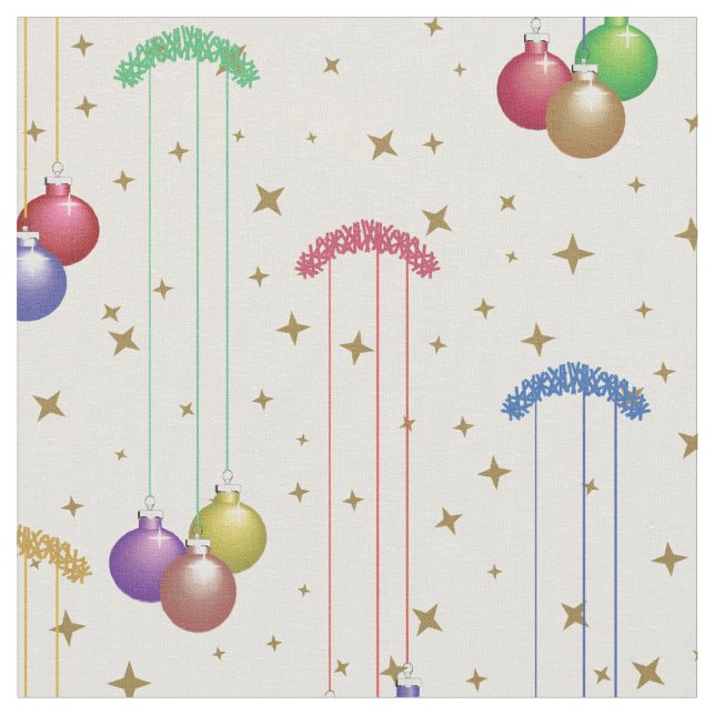 Tecido Bolas de Natal coloridas, estrelas douradas (Detalhe)