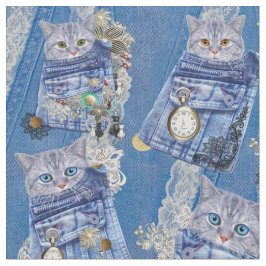 Tecido Bolsos e gatinhos de Denim mágicos