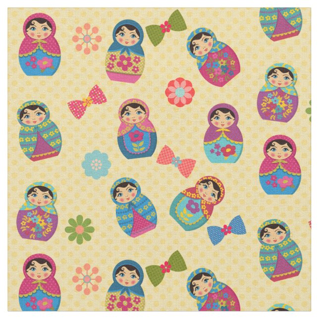 Tecido Bonecas russas Matryoshka em bolinhas amarelas (Detalhe)