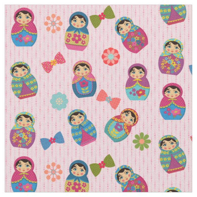 Tecido Bonecas russas Matryoshka em fundo rosa (Detalhe)