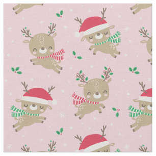 Tecido Bonita Reindeer Santa Hats de Natal a rosa