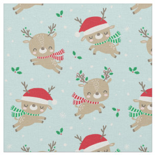 Tecido Bonita Reindeer Santa Hats de Natal em Azul Claro
