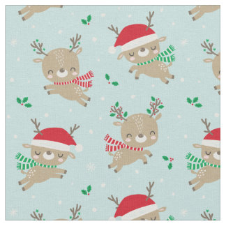 Tecido Bonita Reindeer Santa Hats de Natal em Azul Claro
