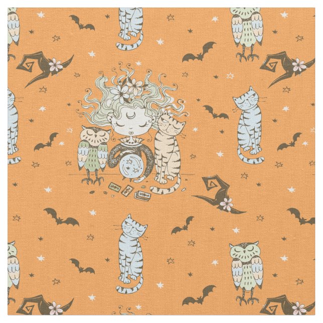 Tecido Bonitas bruxas com gatos e corujas (Detalhe)