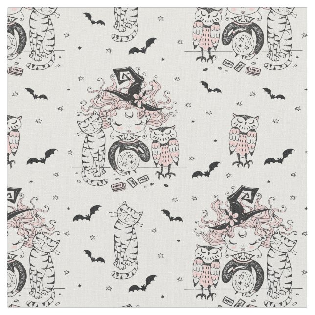 Tecido Bonitas bruxas com gatos e corujas (Detalhe)