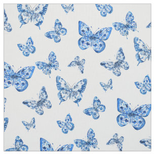 Tecido Borboleta Branca Chinoiserie Azul
