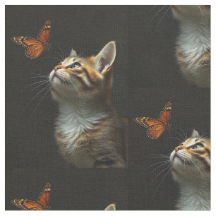 Tecido Borboleta Branca de Kitten Negra Fundo