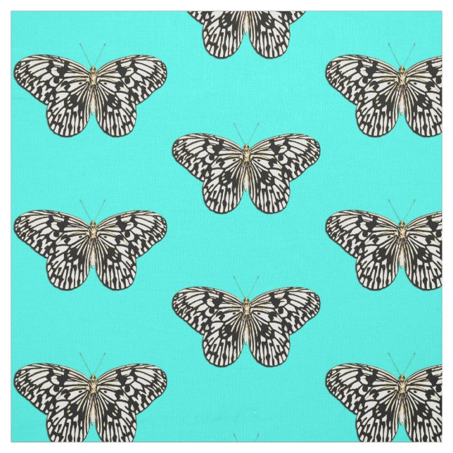 Tecido Borboleta branca e preta, fundo de turquesa (Modelo)
