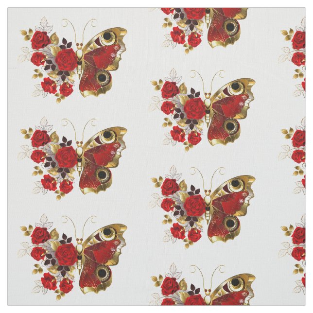 Tecido Borboleta de flor vermelha com rosas vermelhas (Modelo)