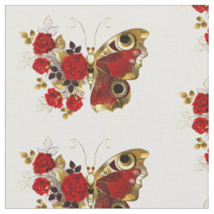 Tecido Borboleta de flor vermelha com rosas vermelhas