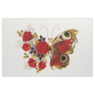 Tecido Borboleta de flor vermelha com rosas vermelhas