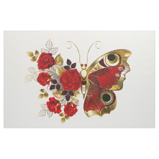 Tecido Borboleta de flor vermelha com rosas vermelhas (Jarda)