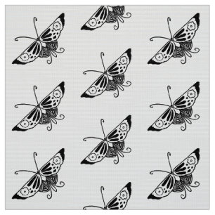 Tecido Borboleta estilizado de Deco, preto e branco