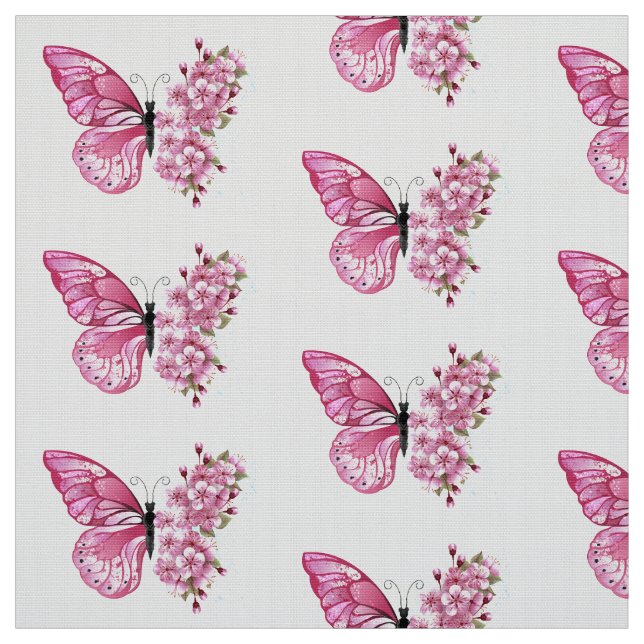 Tecido Borboleta Flor com Sakura Rosa (Modelo)