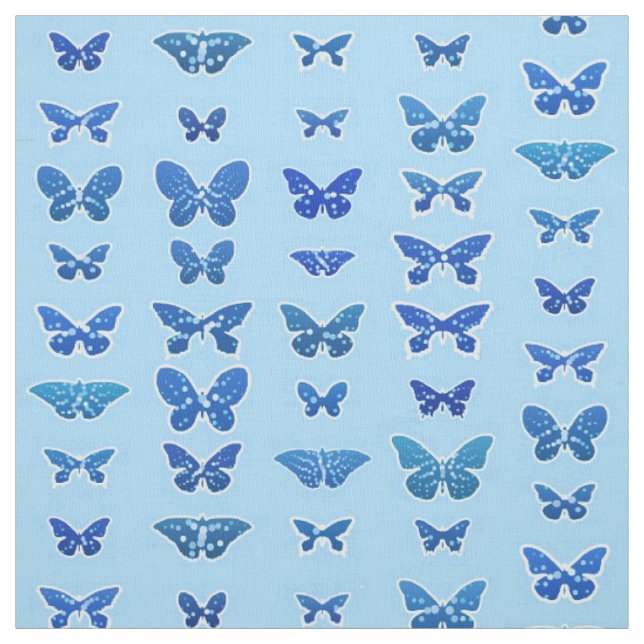Tecido Borboletas azuis escuras, fundo azul-céu (Modelo)