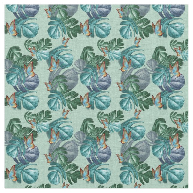 Tecido Borboletas de Paraíso Tropical em Blues, (Detalhe)