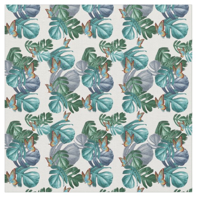Tecido Borboletas de Paraíso Tropical em Blues, (Detalhe)