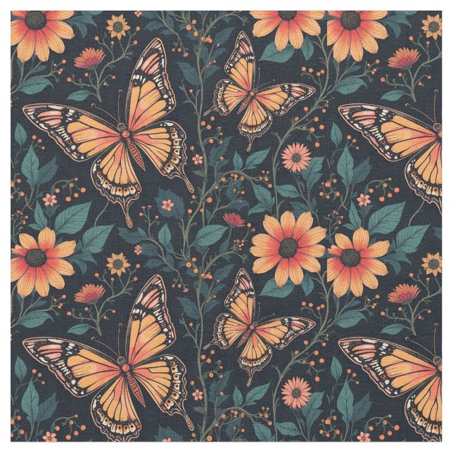 Tecido Borboletas e flores de laranja (Detalhe)