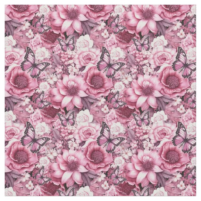 Tecido Borboletas e flores em diferentes tons de pinks (Detalhe)