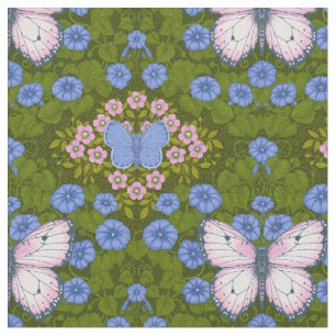 Tecido Borboletas e flores simetria, azul e rosa