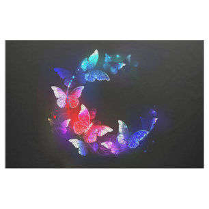 Tecido Borboletas Neon Night brilhantes sobre fundo preto