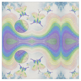 Tecido Borboletas, nuvens, arco-íris e pentáculos