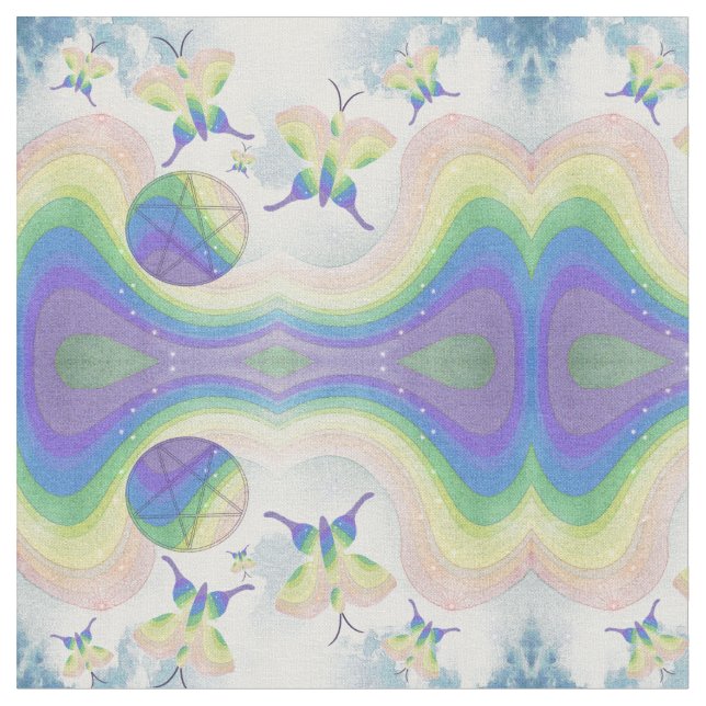 Tecido Borboletas, nuvens, arco-íris e pentáculos (Detalhe)