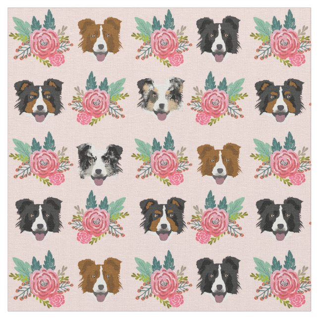 Tecido Border Collie encara flores cor-de-rosa (Detalhe)