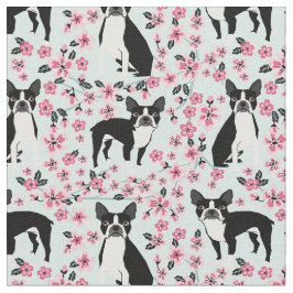 Tecido Boston Terrier dog cherry floresce azul claro