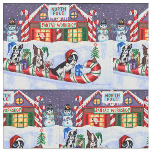 Tecido Boston Terriers Candy Cane Papai noel Natal Snowma