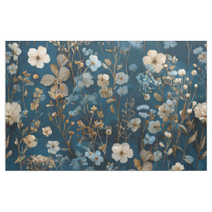 Tecido Botânico Azul Marinho Rústico Floral Elegante Vint