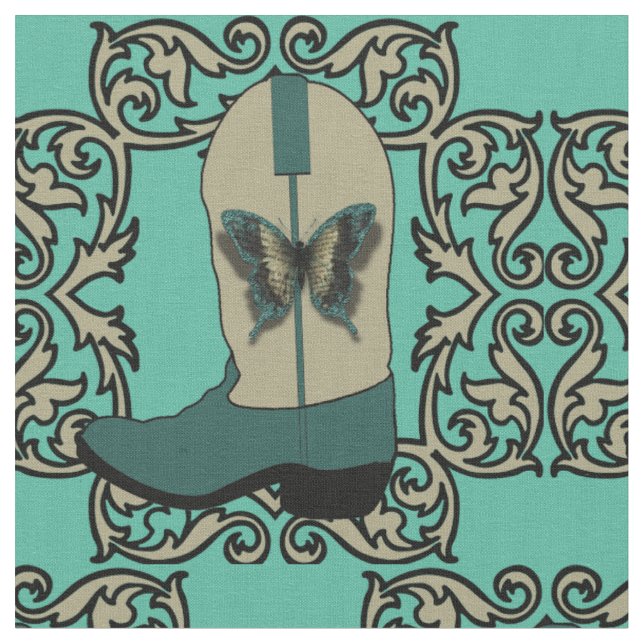 Tecido Botas De Cowboy Com Borboleta E Moldura (Detalhe)