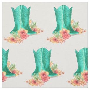 Tecido Botas de vaqueiro de turquesa com flores
