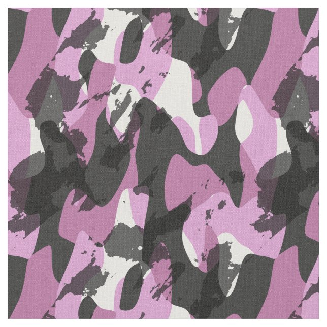 Tecido Branco com tons de camuflagem abstrata rosa e cinz (Detalhe)