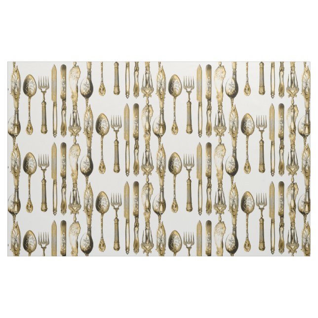 Tecido Branco do ouro da colher da forquilha da faca (Fat Quarter)