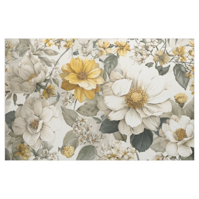 Tecido Branco Rústico Amarelo Botânico Floral Vintage (Jarda)