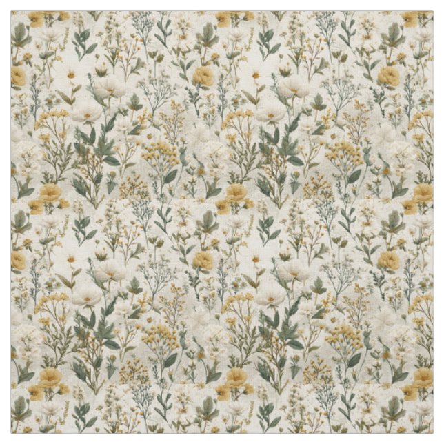 Tecido Branco Rústico Amarelo Botânico Floral Vintage (Modelo)