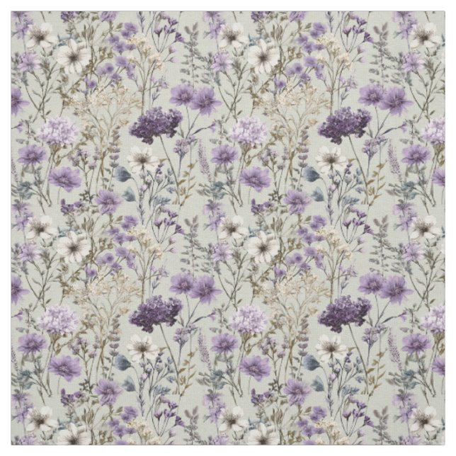 Tecido Branco Rústico Botânico Floral Vintage Roxo (Modelo)