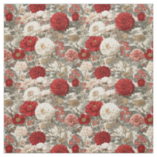 Tecido Branco Rústico Floral Botânico Pastel Vintage Verm