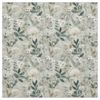 Tecido Branco Rústico Verde Botânico Vintage Boho Floral