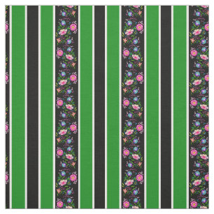 Tecido Branco, verde-grama/flores folclóricas/faixa/preto