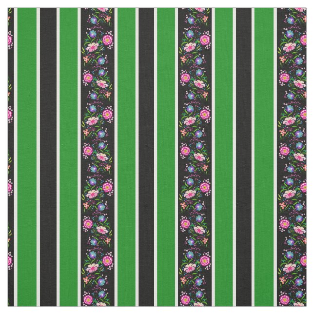 Tecido Branco, verde-grama/flores folclóricas/faixa/preto (Modelo)